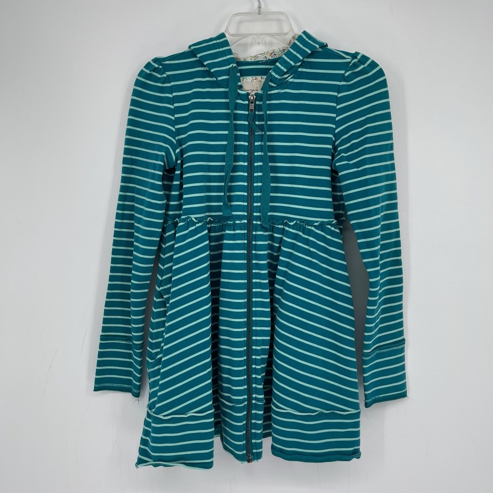 Evy's Tree Women's Teal Striped Floral Lined Zip Up Sophie Hoodie Top Size XS
